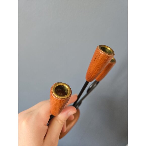 Danish Teak Three Arm Candleholder Luthje Denmark Modernist Brass Metal and Wood - Picture 8 of 10